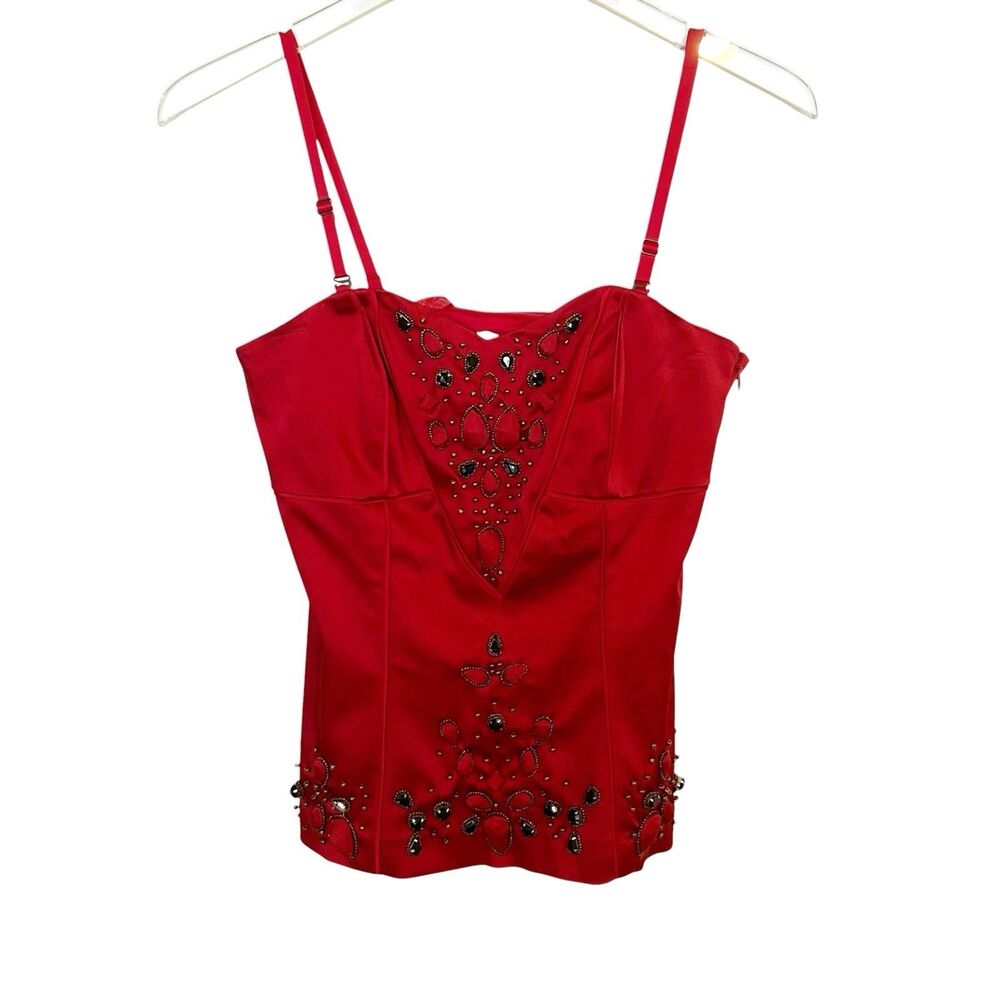 VTG Cache Red Silky Embellished Beaded Occasion Fitted Top Sz 0 Removable Straps